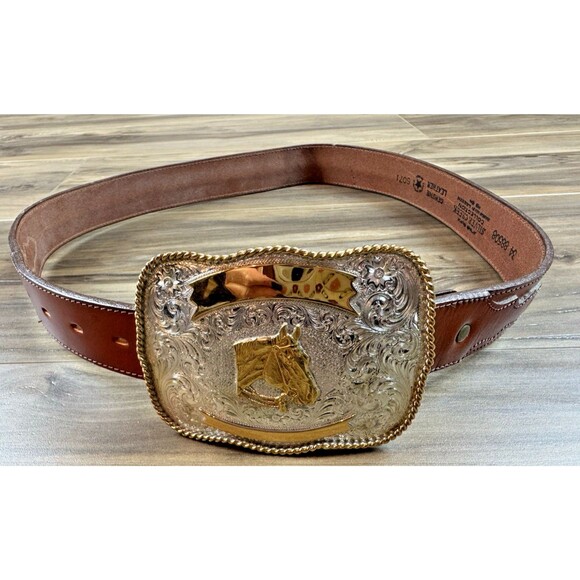 Montana Silversmiths Horse Buckle & New Silver Creek Genuine Leather Belt 34